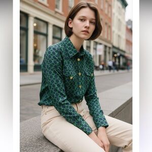 ELIZABETH MCKAY Blouse Silk Blue Green Geometric Button Down Gold Logo